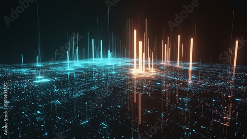 A high-tech futuristic digital city map glowing with tall vertical light structures in bright orange, cyan tones, simulating data traffic and network density in conceptual smart metropolis environment