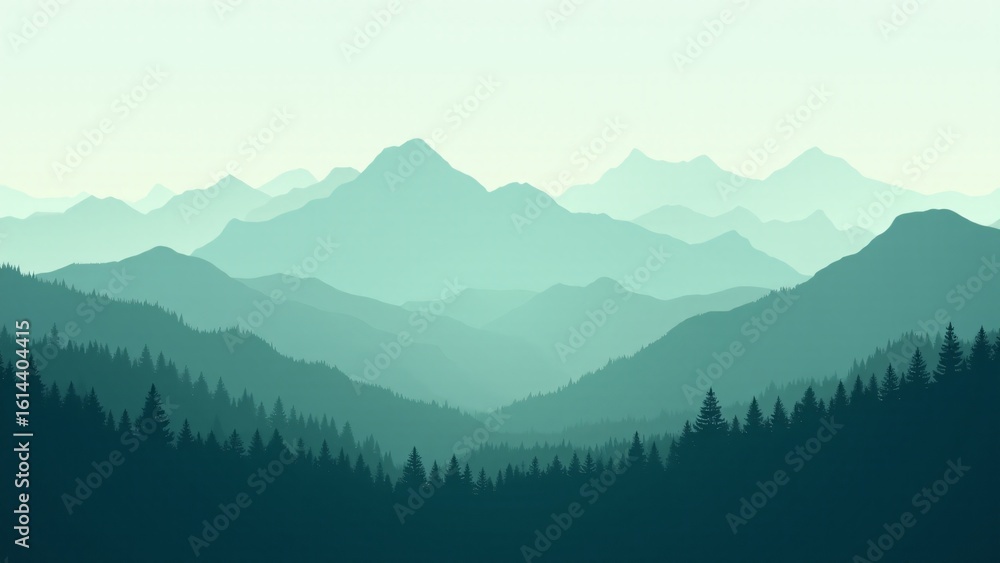 Fototapeta premium Serene Teal Mountain Forest Silhouette