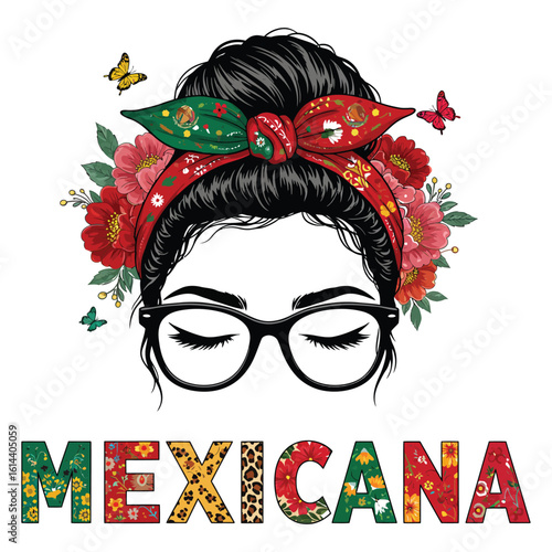Mexicana Woman vectorIllustration with Glasses, Flowers, and Headscarf Cultural Pride Art, Mexican Heritage Girl or Stylish Latina Art Typography viva mexico  tee tshirt print