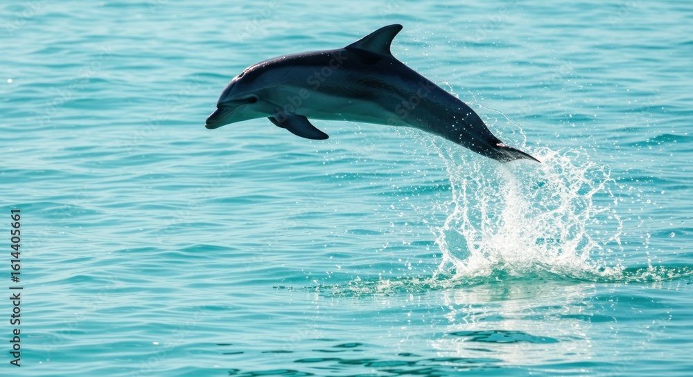 Obraz premium Dolphin leaps, breaking water's surface. Teal water sparkles around it in bright sunlight. Graceful motion