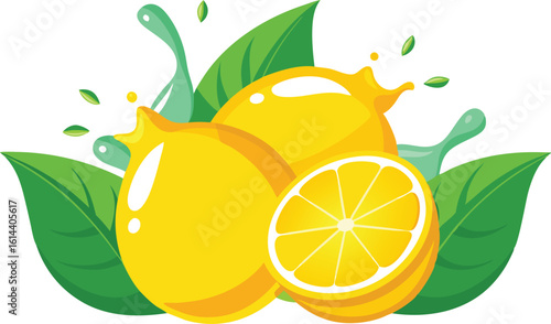 Fresh lemon splash with green leaves citrus vector