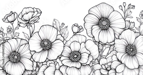 Wallpaper Mural Monochrome floral border; garden anemones; elegant design; website header Torontodigital.ca