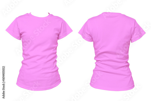 Plain pink t-shirt front and back isolated on white background, blank apparel mockup for fashion design