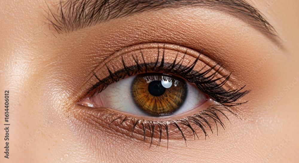 Fototapeta premium Close-up of a warm brown human eye with long lashes and light brown eye shadow