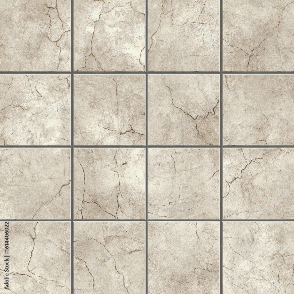 Fototapeta premium Achieve a timeless, rustic charm with these square ceramic tiles, featuring a realistic aged and cracked stone texture in a neutral beige for vintage-inspired floors. 