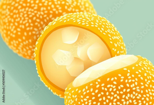/onde-onde with sesame seed coating, golden skin texture and soft glutinous dough.”