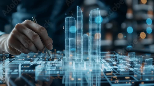 An architect brings architectural designs to life with 3D holographic construction models. The concept of innovation in architecture and futuristic design. Generative Ai.