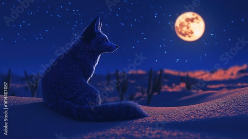 A fox is sitting on the sand in front of a large moon