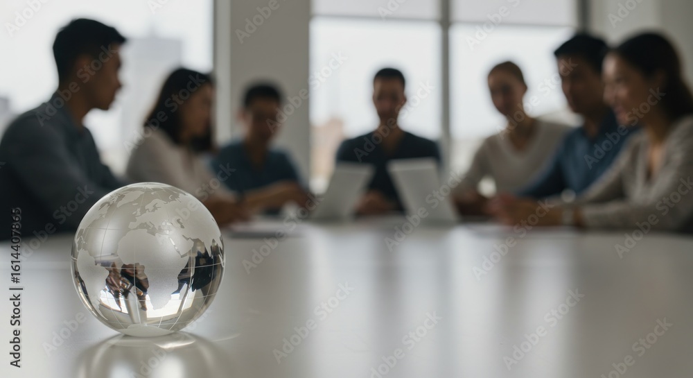 custom made wallpaper toronto digitalFocus on glass globe; blurry office meeting with diverse professionals; white table and backdrop