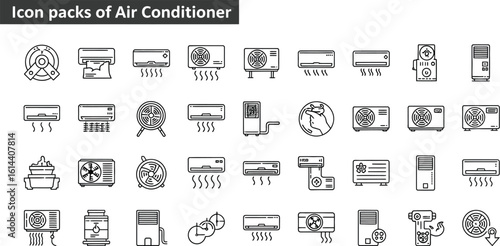 Various air conditioner icon designs presented in a line art style grid