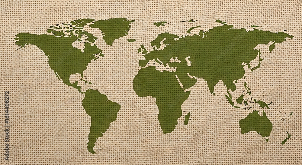 Fototapeta premium Green world map silhouette on a textured, neutral-toned background.