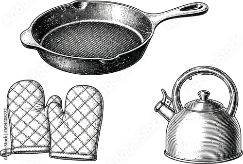 Illustration of a skillet, oven mitts, and a kettle on a white background