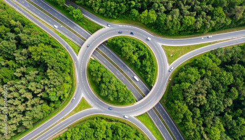 Aerial view of a highway roundabout surrounded by lush green forest