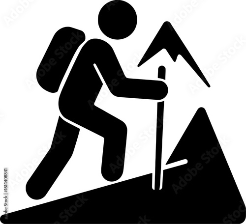 hiking icon of backpacker climbing mountain with black silhouette