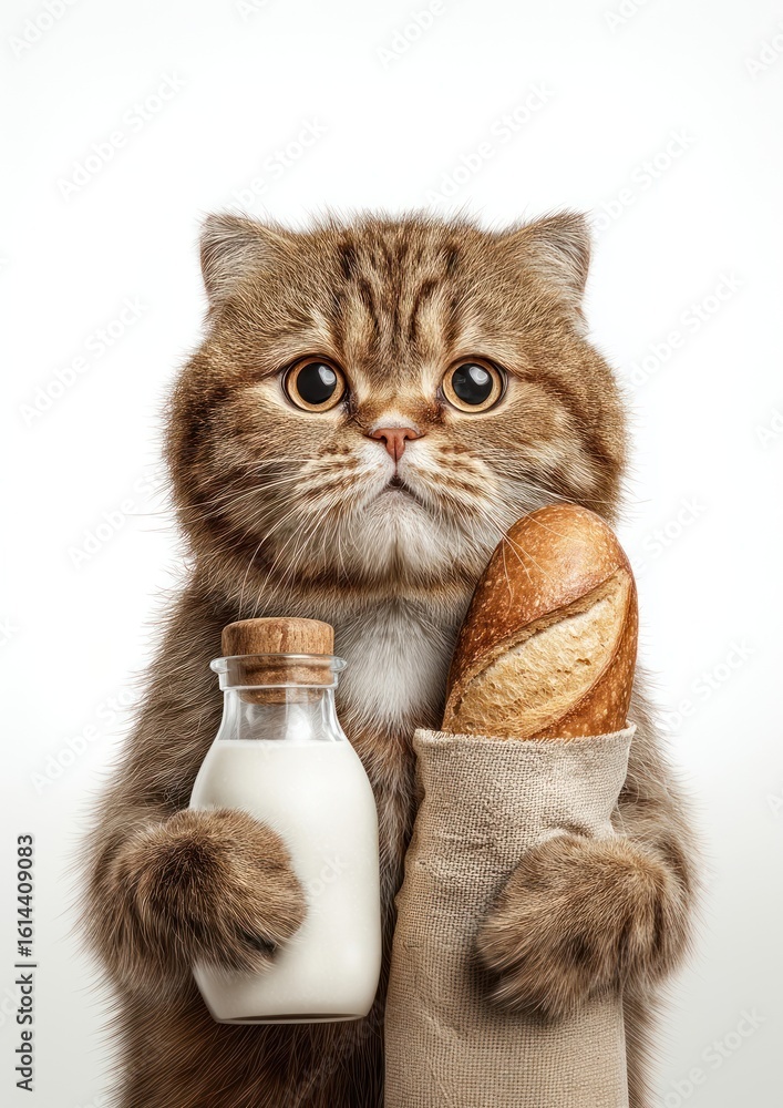 Fototapeta premium A cat holding a cup of milk and a baguette animal bottle bread.
