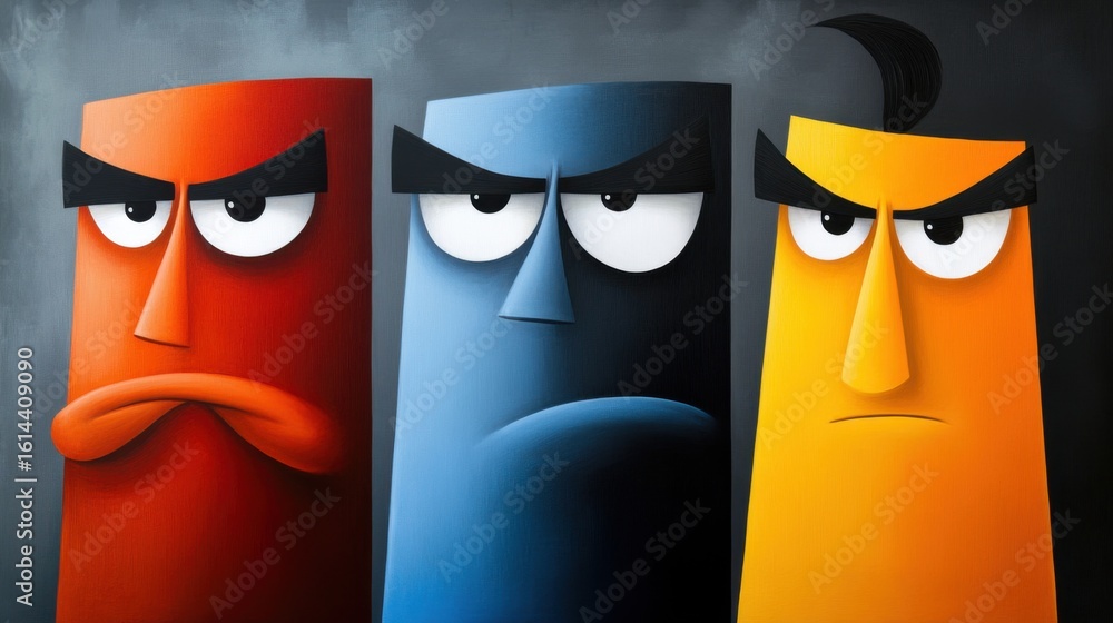 Fototapeta premium Colorful Abstract Characters with Serious Expressions in Bold Design