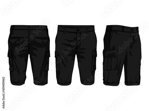 Cargo short pants design flat sketch vector illustration front and back view. Black color