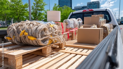 Organized Cargo in Open Truck Bed: Secured with Rope Loops - Close-Up View of Coffee Table and Tall Lamp