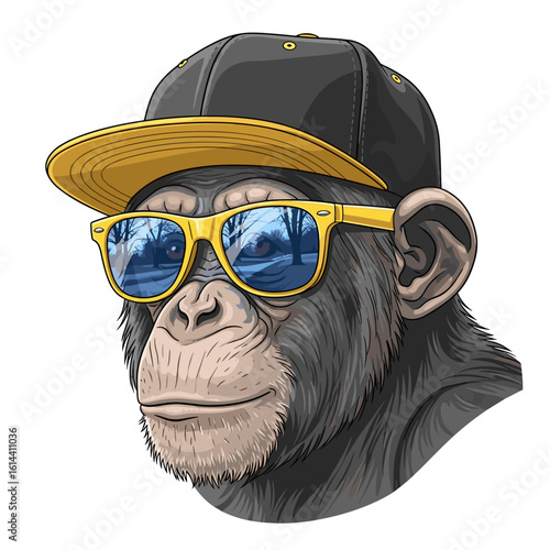 Cool chimpanzee with sunglasses and cap vector illustration design