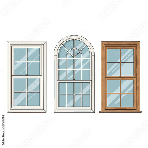 Window styles illustration of double hung arch top and wood frame window