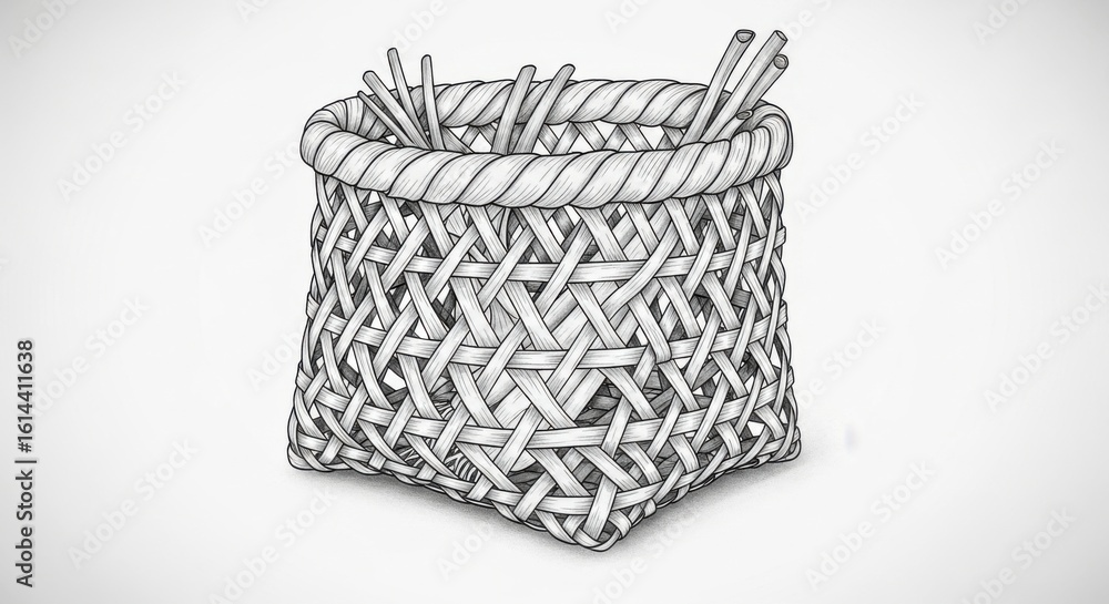Obraz premium Detailed Black and White Drawing of Woven Basket with Chopsticks on Plain Background