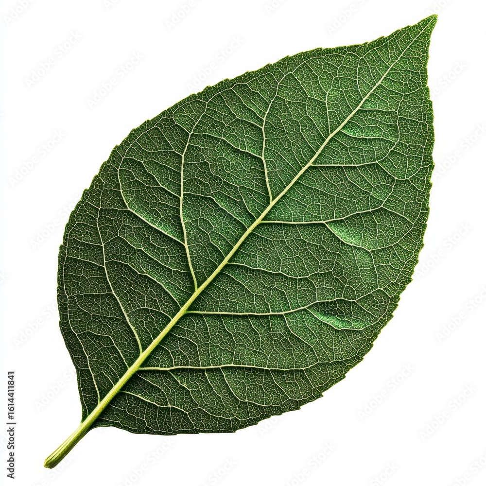 Fototapeta premium Green leaf with prominent veins isolated on white background