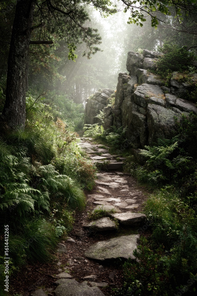 Obraz premium Misty mountain path through lush forest