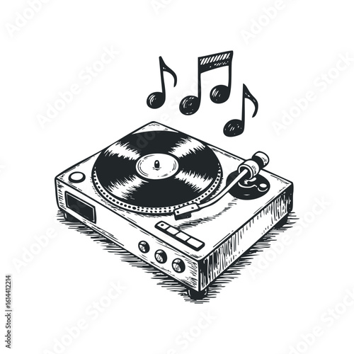 Hand drawn vector illustration of a vintage turntable playing music