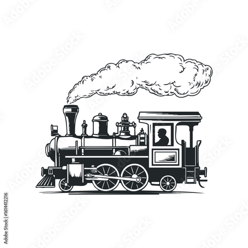 Hand drawn vector illustration of a vintage steam locomotive in motion