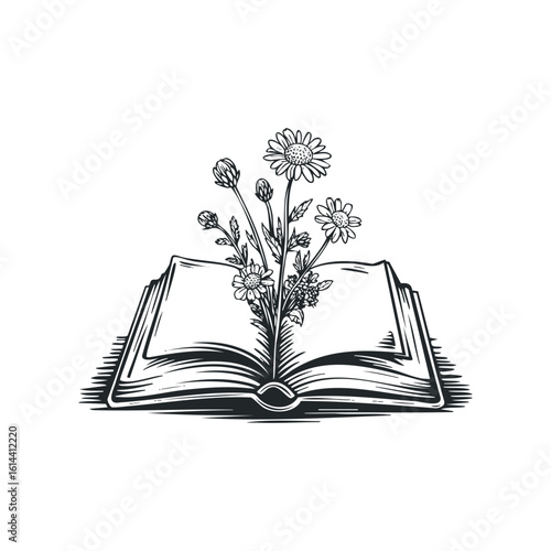 Hand drawn vector illustration of an open book with flowers