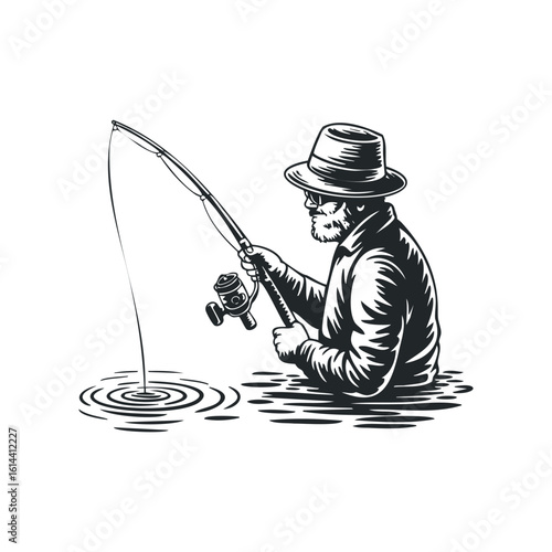 Fishing man catching fish with rod in calm waters
