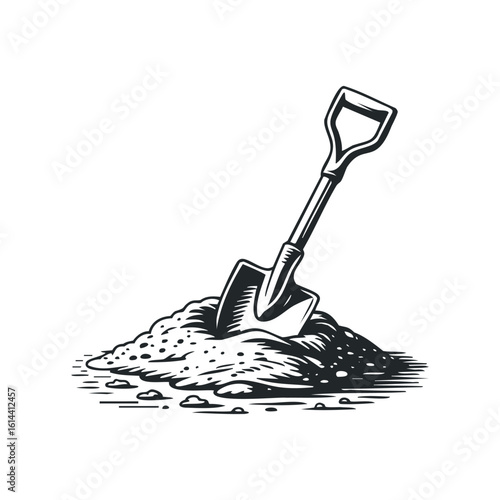 Hand drawn illustration of a shovel in a pile of dirt