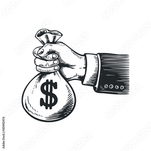 Hand drawn vector illustration of a hand holding a money bag