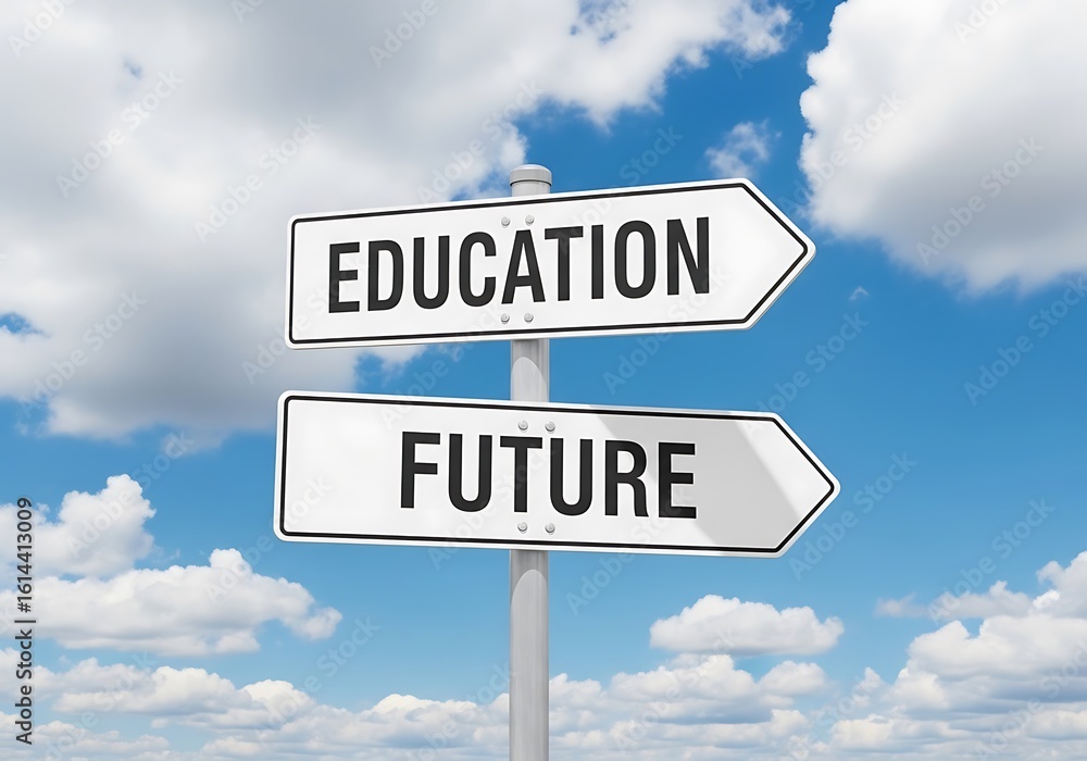 Fototapeta premium A signpost with two arrows pointing in different directions, labeled education and future