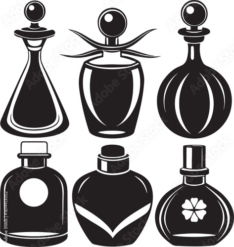 Collection of vintage perfume bottles isolated on white background