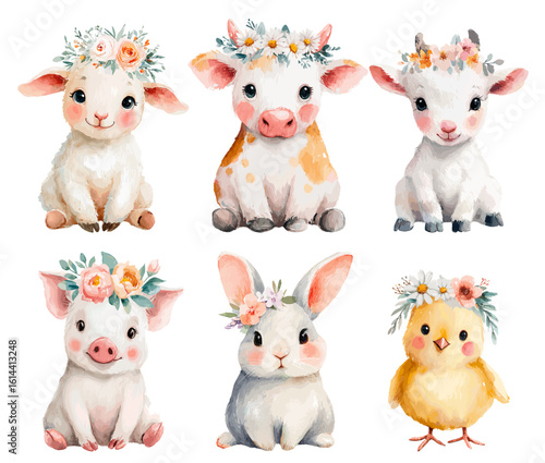 Cute baby farm animals. Watercolor characters cow, sheep, chick, rabbit, goat and pig in frolar crowns. Decor for baby shower, birthday vector set