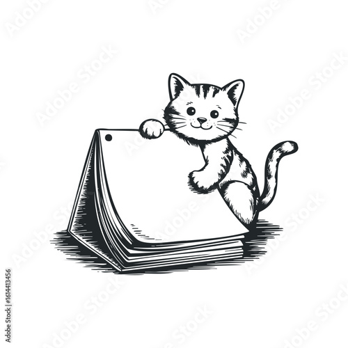 Charming cat perched on an open sketchbook illustration