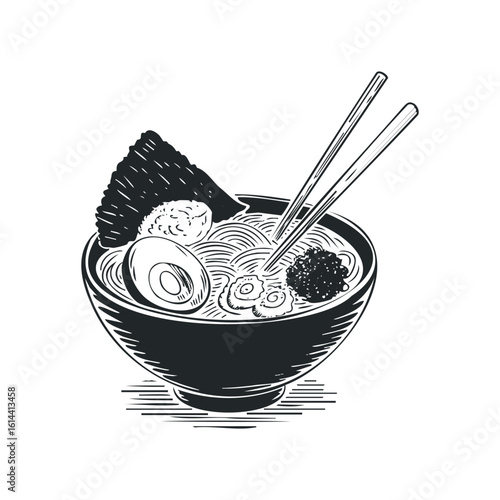 Hand drawn vector illustration of traditional Japanese ramen bowl