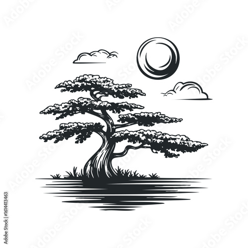 Hand drawn vector illustration of a tranquil tree by the water