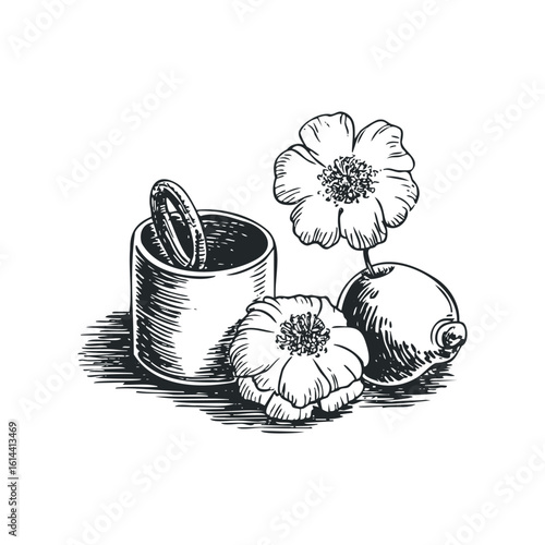 Hand drawn vector illustration featuring coins, flowers, and a fruit