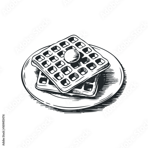 Delicious hand drawn vector illustration of waffles on a plate