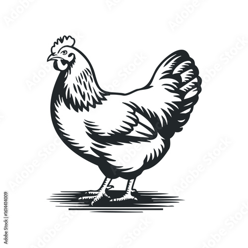Hand drawn vector illustration of a chicken in a farm setting