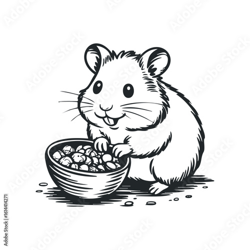 Hand drawn illustration of a cute hamster with a bowl of food