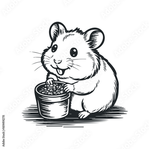 Cute hamster enjoying its meal from a small pot