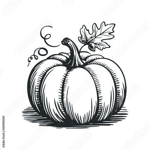 Hand drawn vector illustration of a pumpkin with leaves and curls