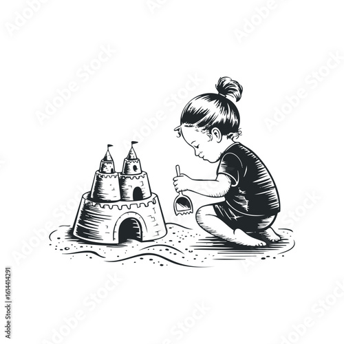 Child building a sandcastle on the beach with a shovel