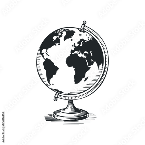Hand drawn globe illustration depicting continents and oceans