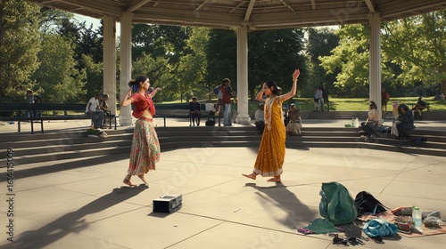Two Women Performing Traditional Dance in Park Pavilion with Onlookers