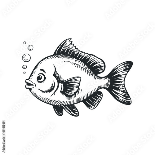 Hand drawn vector illustration of a fish swimming with bubbles