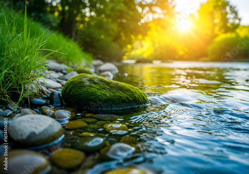 Wallpaper Mural Sunlit riverbank with mossy rock Torontodigital.ca